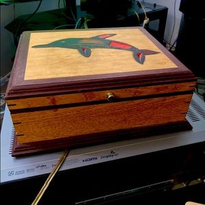 Oak storage box with signed carved native art on lid